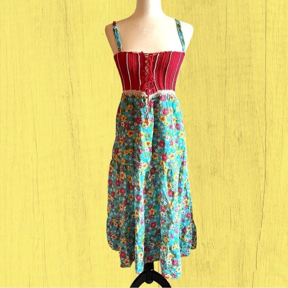 70s vintage crochet lace up dress floral tiered skirt